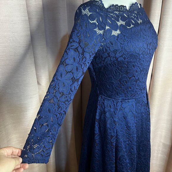 Missmay Navy Blue Lace Long Sleeve Cocktail Dress L Women Elegant Fit Homecoming - Picture 12 of 16